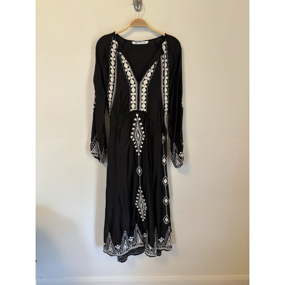 Zara Midi Dress Black Satin Soutache Embroidered Caftan S Boho Resort